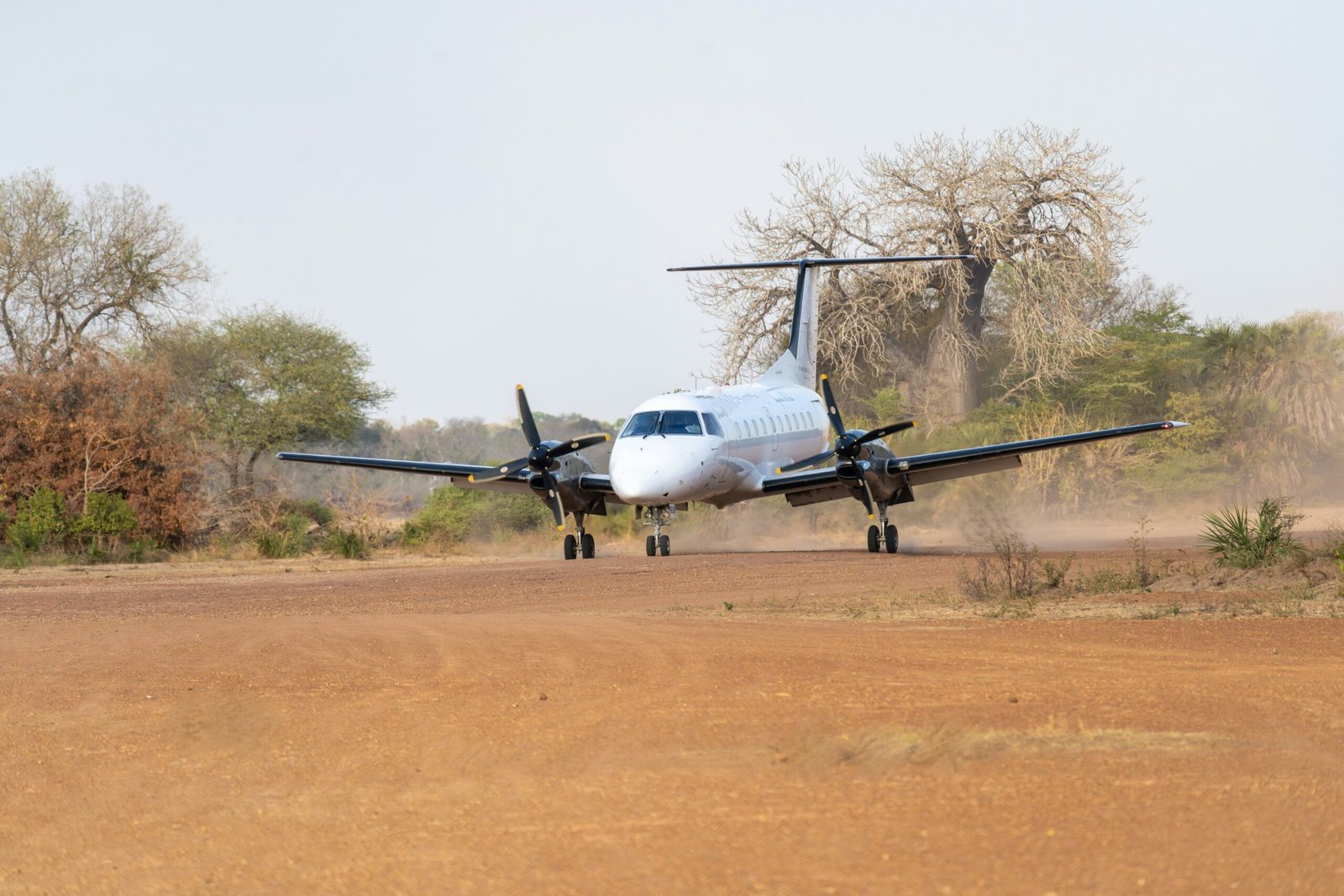 Twin-engine turboprop aircraft on a dirt safari airstrip in the African bush
