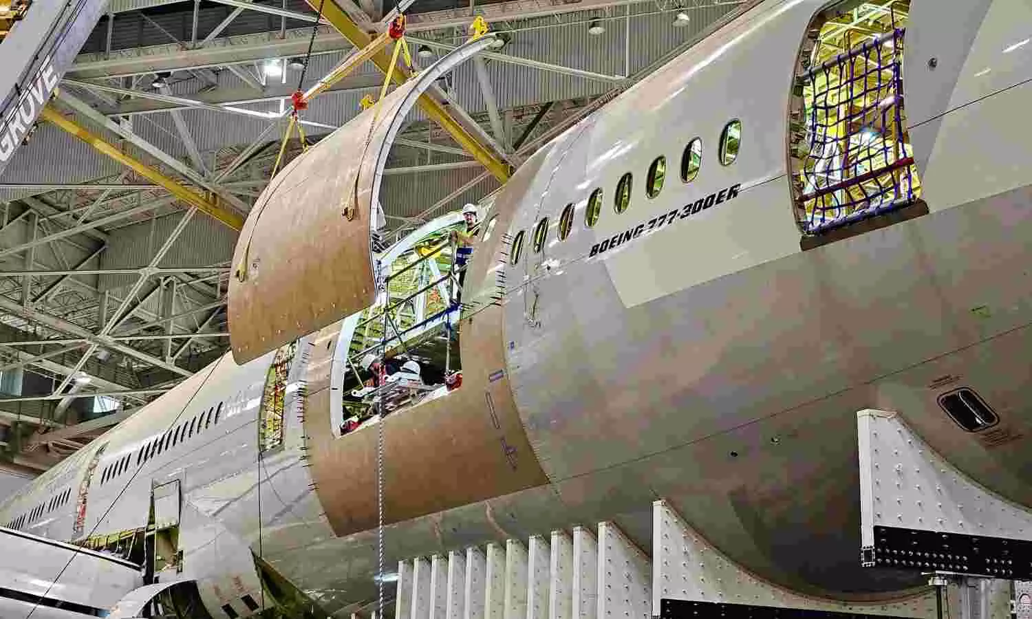 Boeing 777-300ERSF large side cargo door setup during P2F conversion — SafeFly Aviation