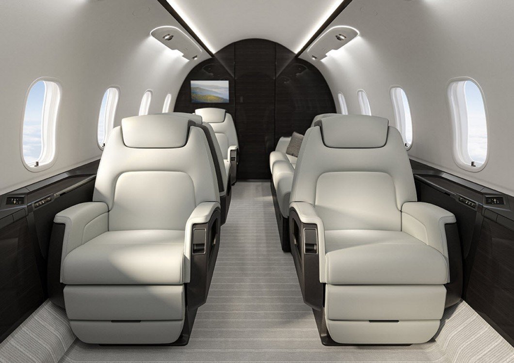 Luxurious Challenger 350 cabin interior with club seating
