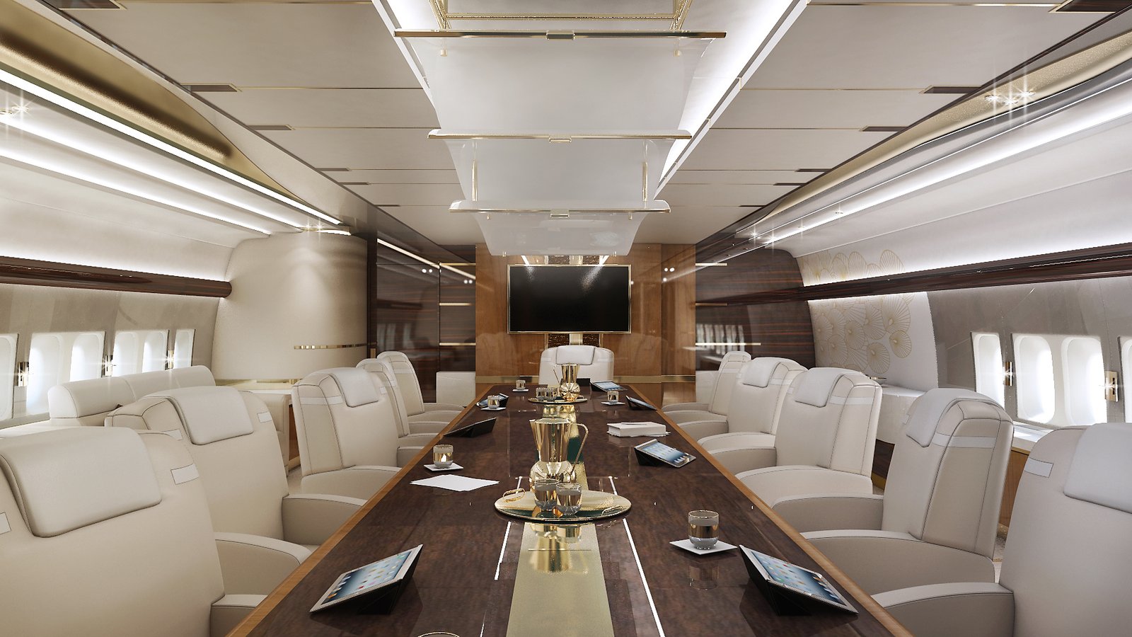 VIP aircraft dining area with elegant table setting and premium finishes