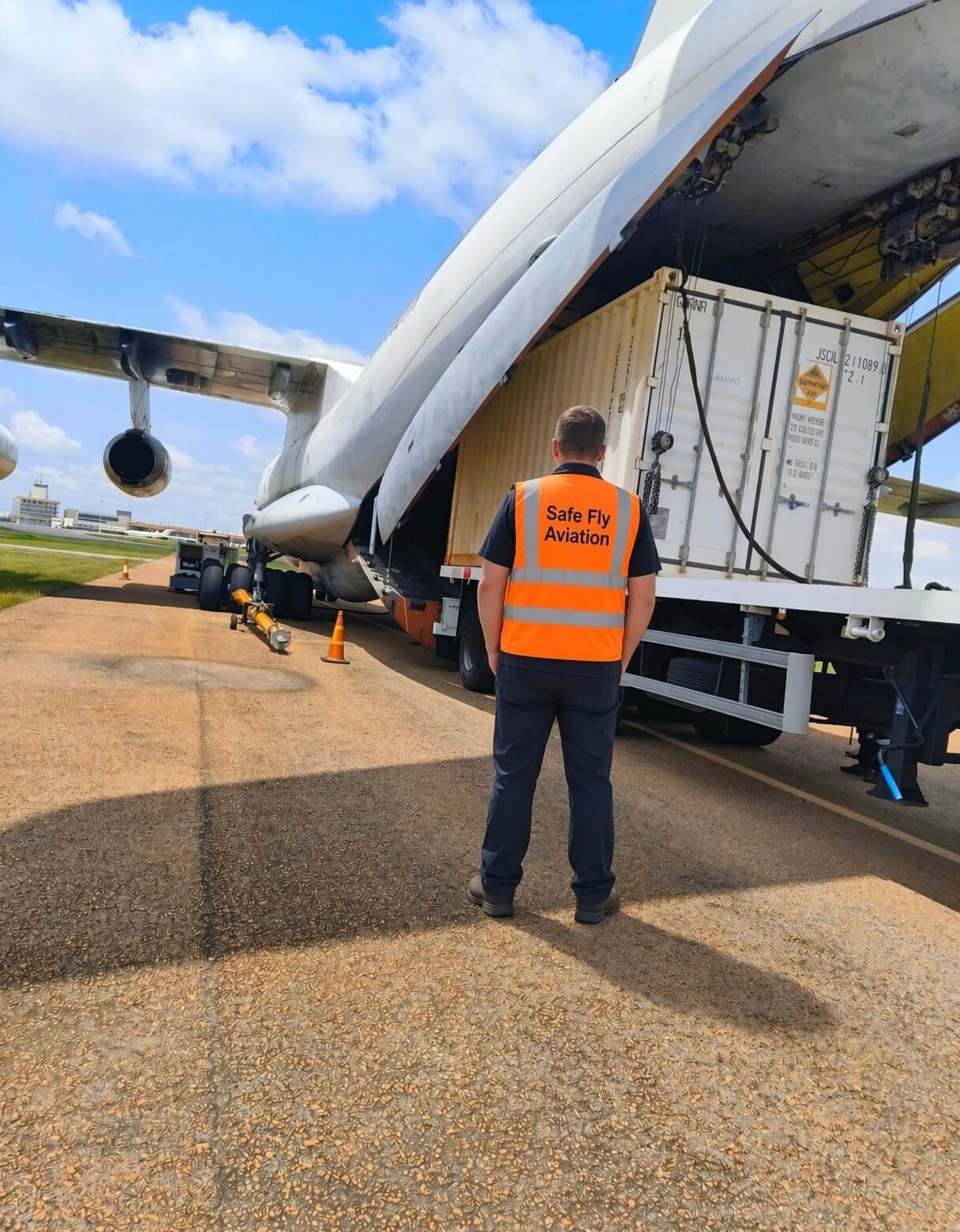 Safe Fly Aviation ground crew member overseeing an oversized cargo container being loaded into a heavy-lift freighter's rear ramp