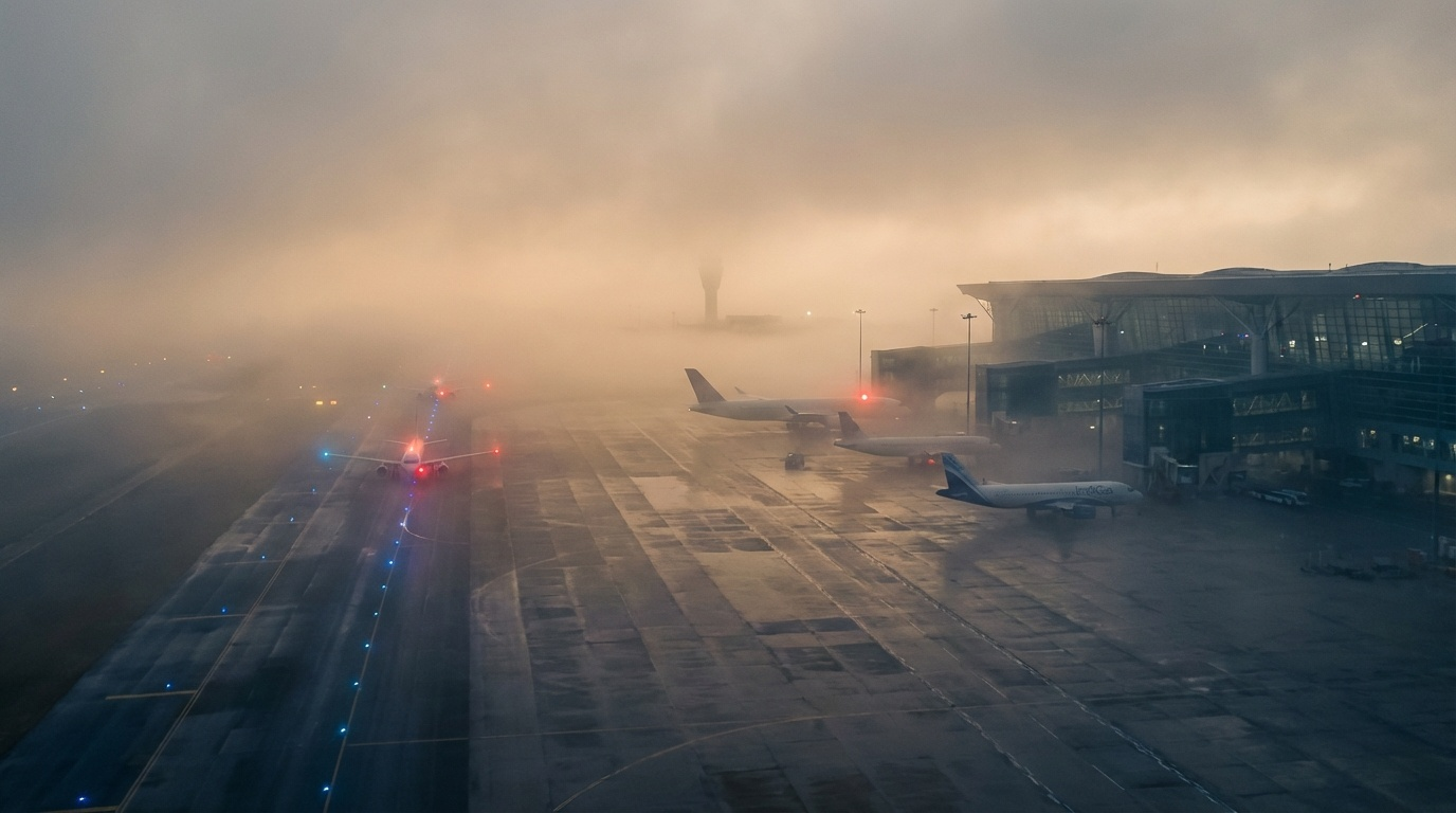 Dense winter fog at Delhi IGI Airport affecting flight operations with runway lights visible through mist