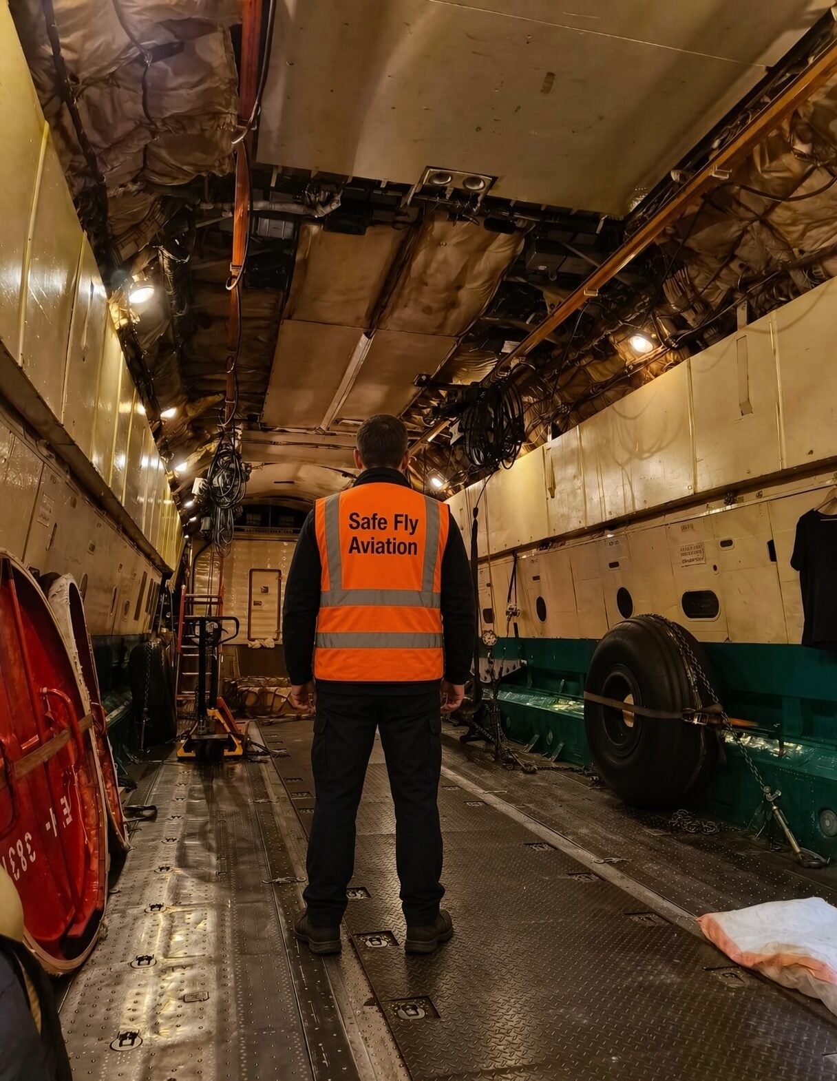 Interior view of a heavy-lift freighter's cargo hold with tie-down rails and a large aircraft wheel secured for transport