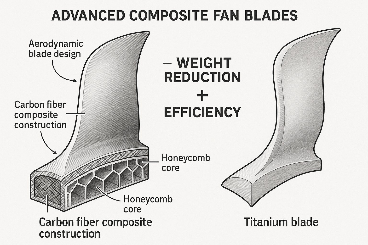 Advanced composite fan blade for next-generation turbofan engine showing carbon fibre layup, aerodynamic profile and leading edge protection