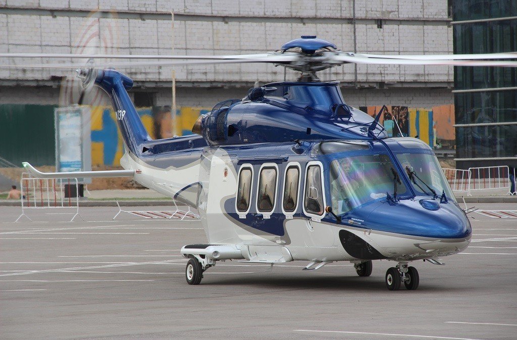 Leonardo AW139 helicopter in flight, showcasing its sleek and powerful design.