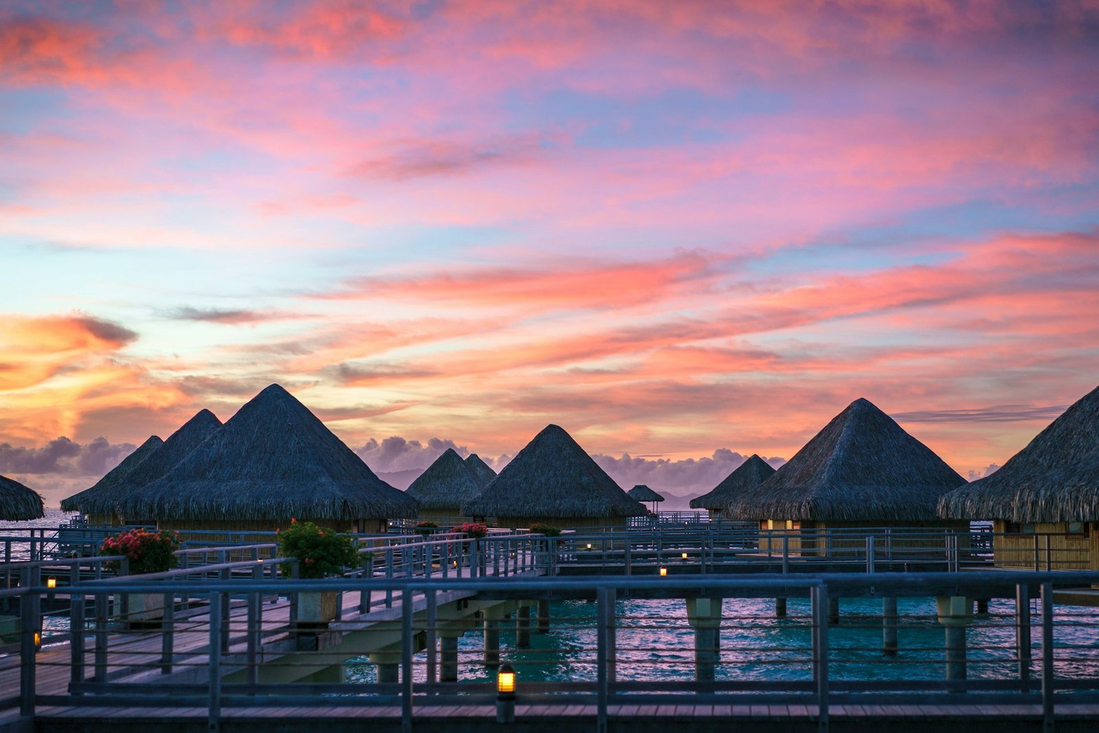 Bora Bora overwater bungalows and turquoise lagoon