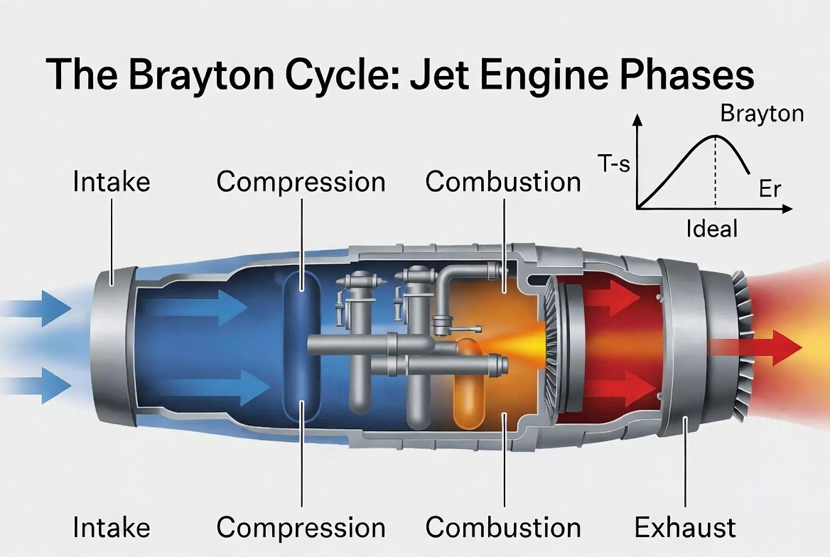 Brayton cycle diagram showing four stages of jet engine operation with colour-coded airflow and temperature indicators