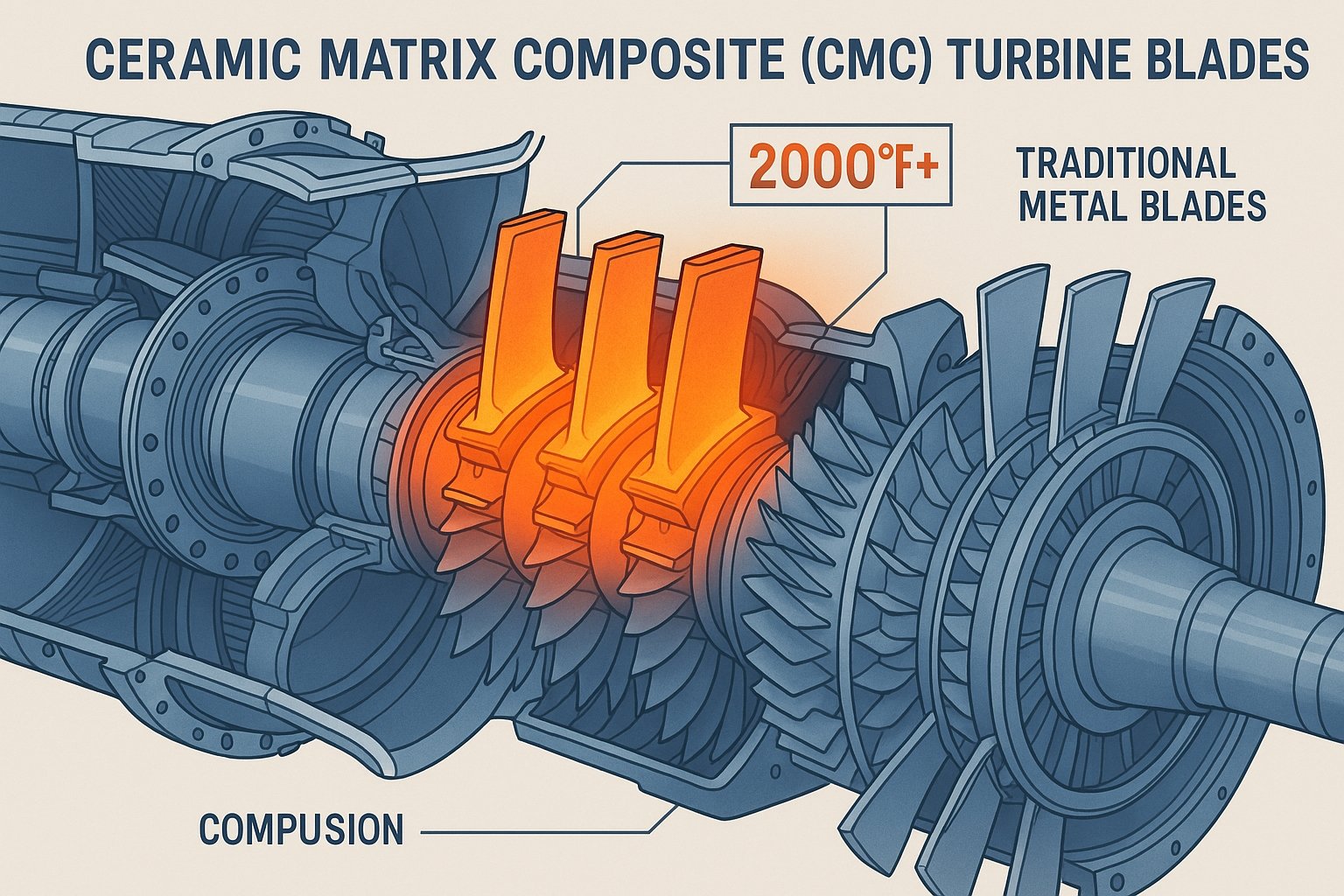 Ceramic matrix composite (CMC) fan blades for modern jet engines showing advanced material construction and surface finish