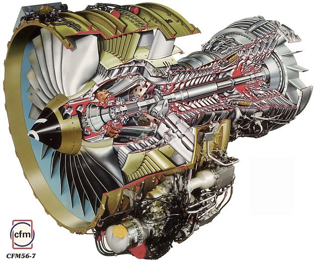 CFM56 engine cross section highlighting LLP locations: fan disc, HPT disc, LPT disc