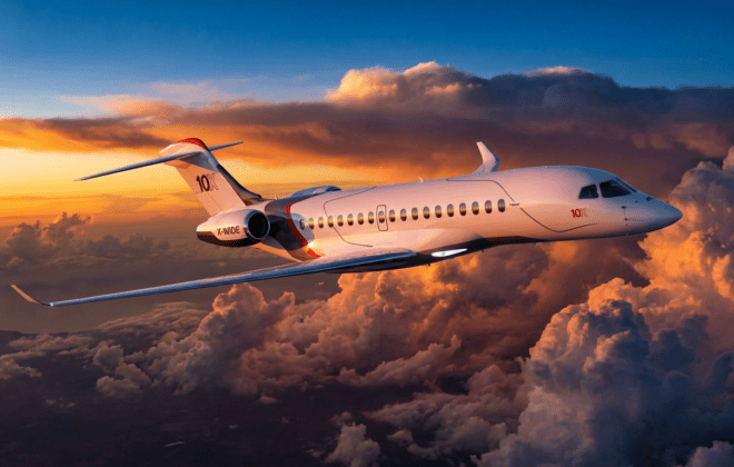 A 2026 deep-dive into the Dassault Falcon 10X: 7,500 nm range, Mach 0.925, the largest purpose-built business jet cabin, Rolls-Royce Pearl 10X engines, NeXus flight deck, and what it means for ultra-long-range travel.