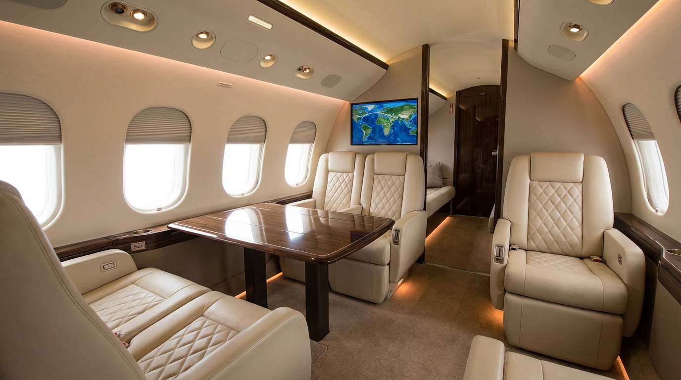 Luxurious interior cabin of Jake Paul's Bombardier Global Express-XRS featuring premium leather club seating and polished wood accents