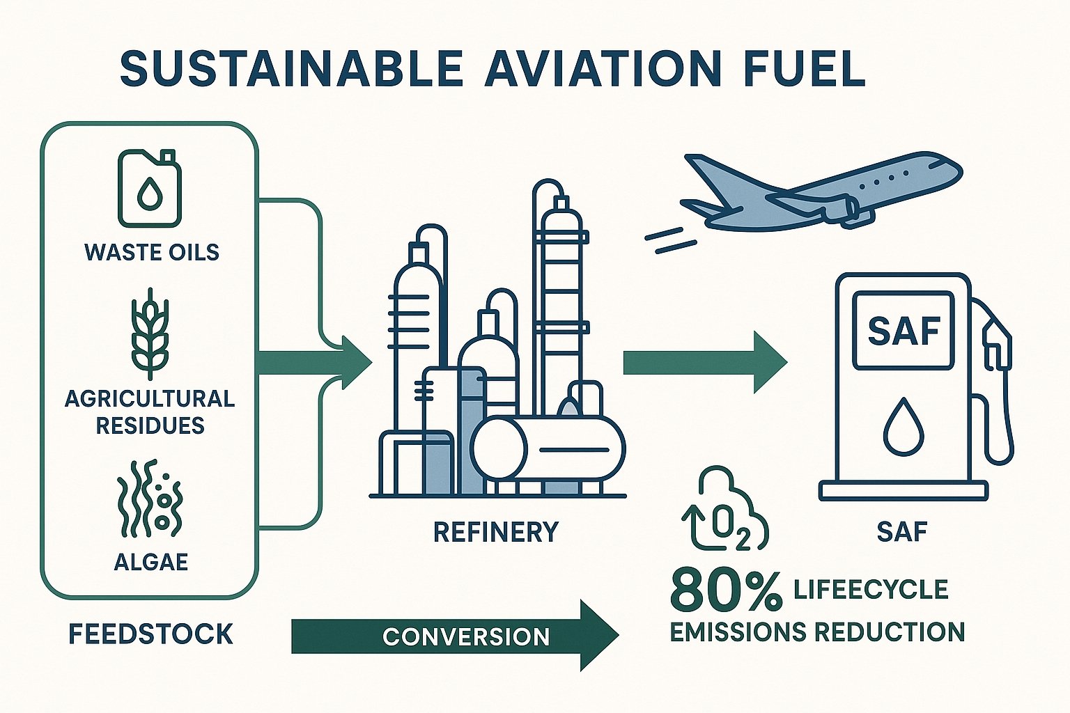 Integrated Sustainable Aviation Fuel (SAF) production and supply chain diagram showing feedstock pathways, conversion processes and blending into aircraft fuel systems