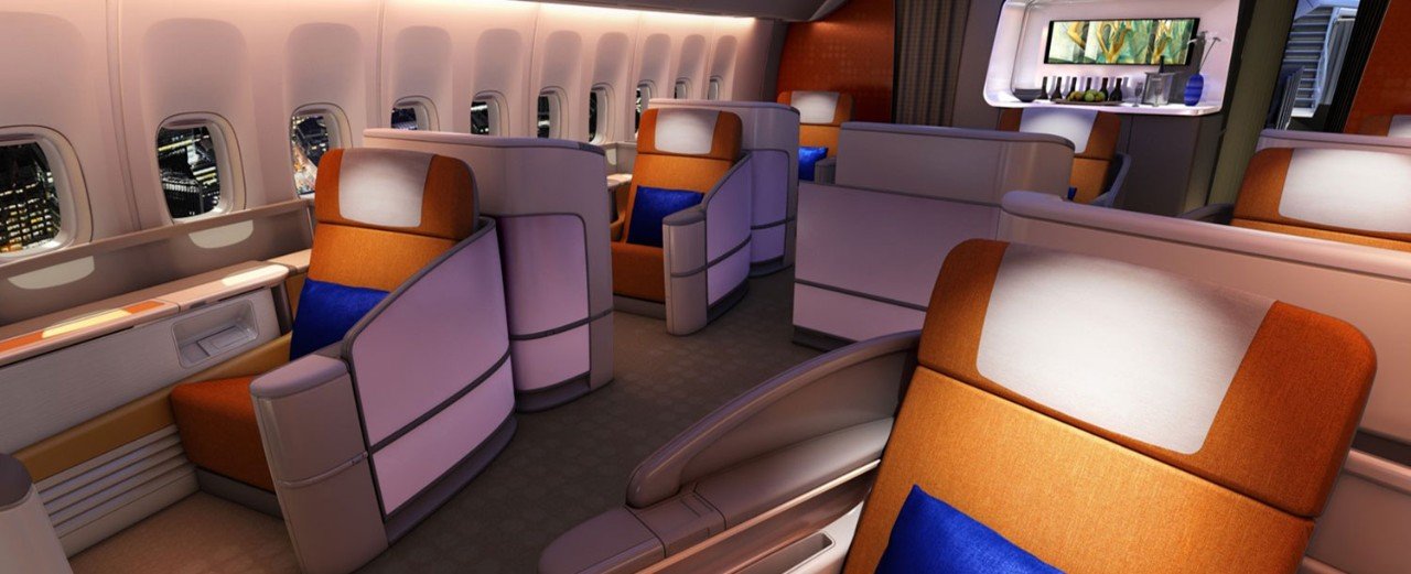 First-class VIP cabin interior showing luxury seating and premium materials