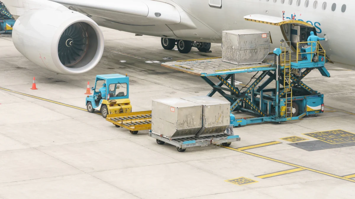 Cargo charter aircraft on the tarmac, ready for loading with goods and cargo, showcasing its spacious and versatile design for efficient freight transport.