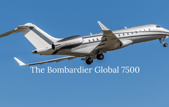 Bombardier Global 7500 private jet in flight, showcasing its sleek design and luxurious features.