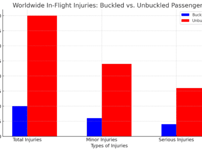 Chart showing worldwide statistics of in-flight injuries prevented by seatbelt use, comparing the number of total, minor, and serious injuries in buckled vs. unbuckled passengers. The chart highlights significantly fewer injuries among passengers who remained buckled up