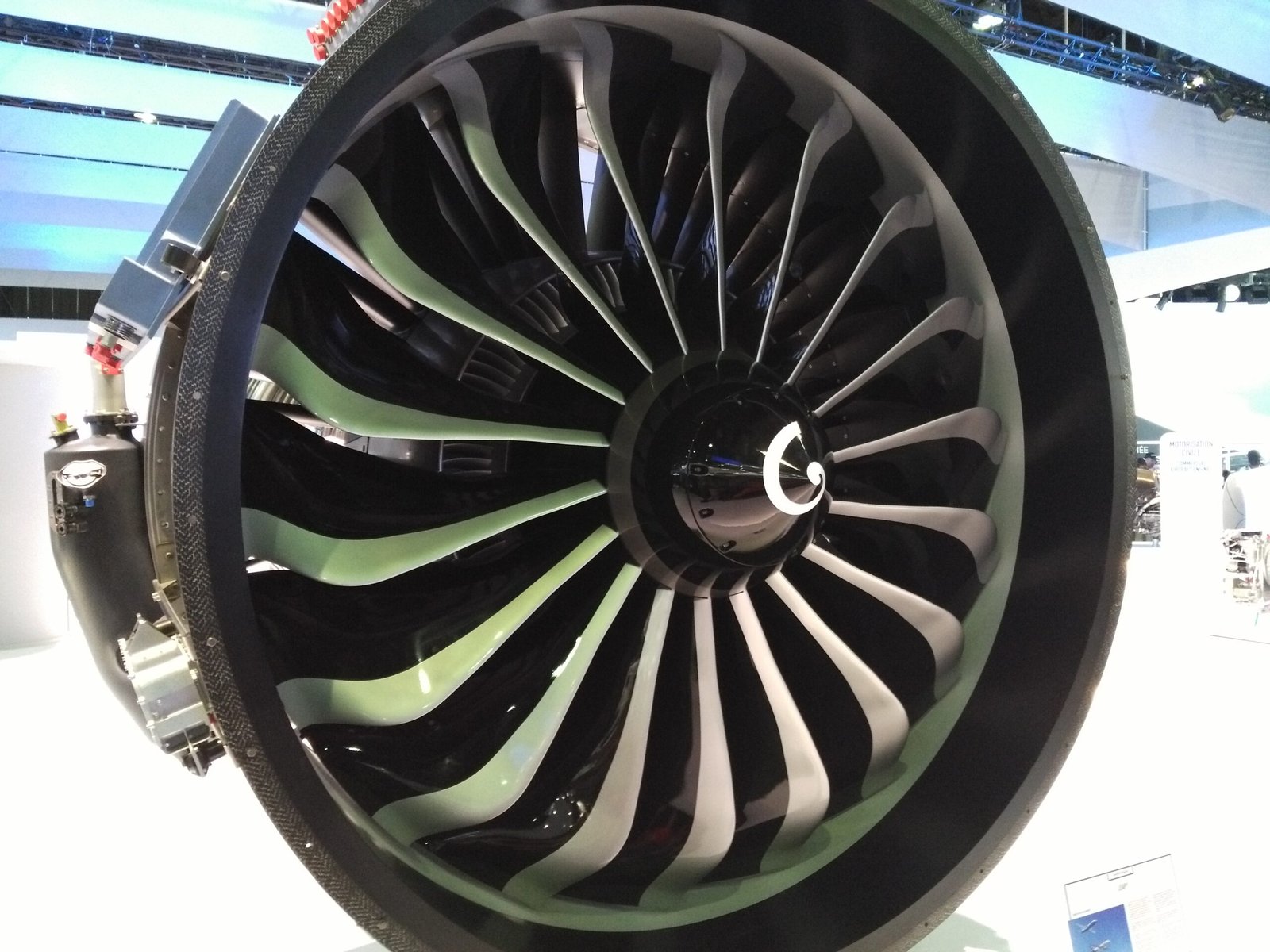 Close view of a modern aircraft turbofan engine