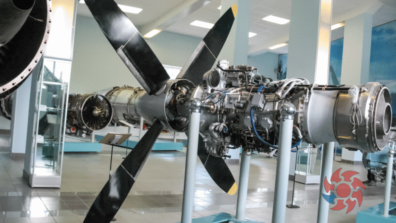 Tuboprop Engine under inspection Disassembled turboprop engine components on workshop table