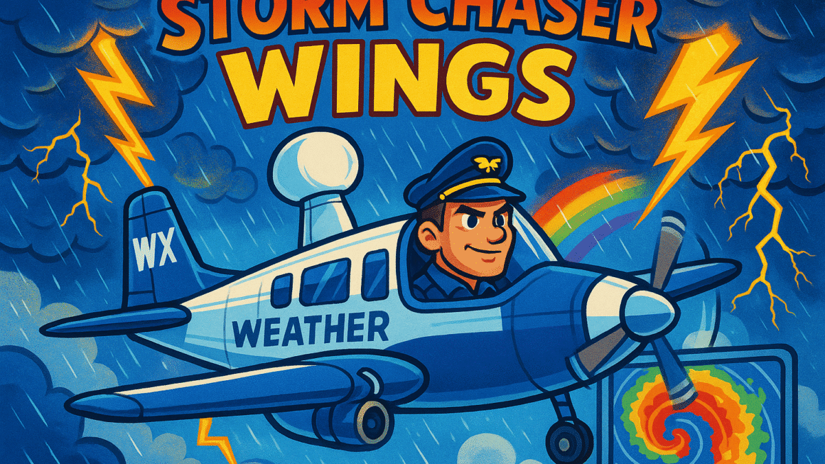 "Storm Chaser Wings" featuring Captain Storm's weather research aircraft flying heroically through dramatic storm clouds with lightning bolts and swirling weather patterns. Show the specialized aircraft with its weather radar dome and scientific equipment clearly visible, painted in bright blue and white colors. Captain Storm should be visible in the cockpit looking confident and determined.