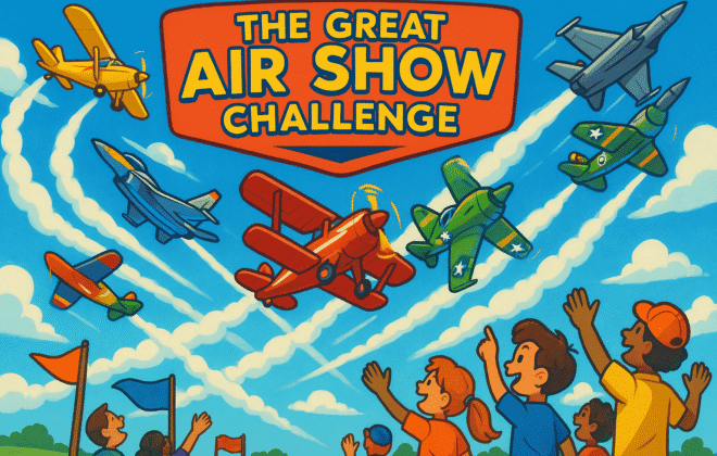"The Great Air Show Challenge" featuring cartoon-style aircraft performing spectacular aerial displays. Show multiple colorful planes including aerobatic aircraft, vintage warbirds, and modern jets performing synchronized maneuvers against a bright blue sky with puffy white clouds. Include excited spectators watching from below, with flags and banners fluttering in the breeze. The scene should capture the excitement and wonder of an aviation air show with dynamic action, bright colors, and a sense of celebration.