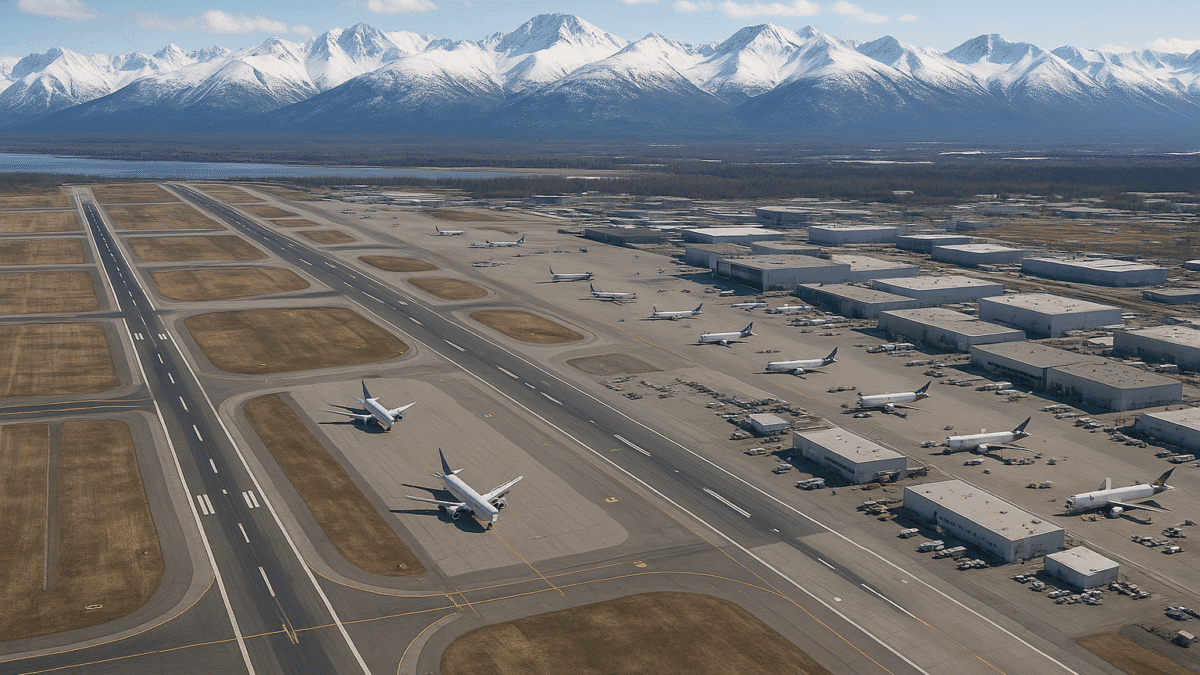 Aerial view of Ted Stevens Anchorage International Airport (ANC) showing multiple runways, cargo terminals, aircraft on tarmac, snow-covered mountains in background, showcasing Alaska's strategic aviation hub