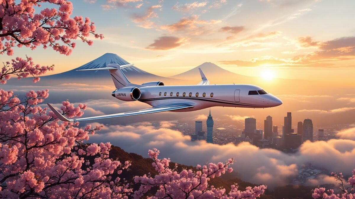 Private jet travel to Japan — cherry blossoms and Tokyo skyline for Indian travellers March 2026