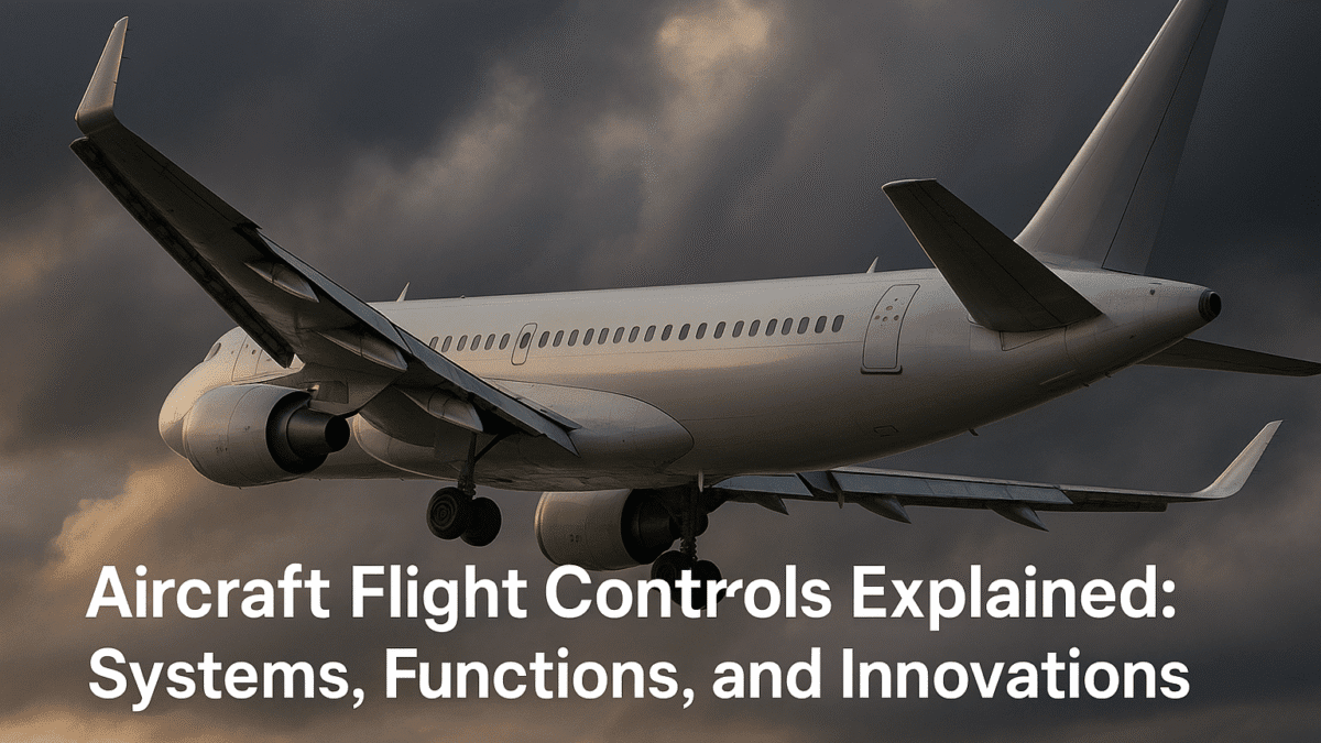Professional feature image for aviation blog about aircraft flight controls. Modern commercial aircraft in flight showing clearly visible control surfaces: extended flaps, deployed slats, ailerons, elevators, and rudder. Dynamic angle showing wing and tail control surfaces with subtle highlights on moveable parts. Professional aviation photography style with dramatic sky background and clean composition suitable for blog header. Include space for overlay text "Aircraft Flight Controls Explained: Systems, Functions, and Innovations".