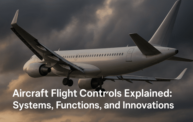 Professional feature image for aviation blog about aircraft flight controls. Modern commercial aircraft in flight showing clearly visible control surfaces: extended flaps, deployed slats, ailerons, elevators, and rudder. Dynamic angle showing wing and tail control surfaces with subtle highlights on moveable parts. Professional aviation photography style with dramatic sky background and clean composition suitable for blog header. Include space for overlay text "Aircraft Flight Controls Explained: Systems, Functions, and Innovations".
