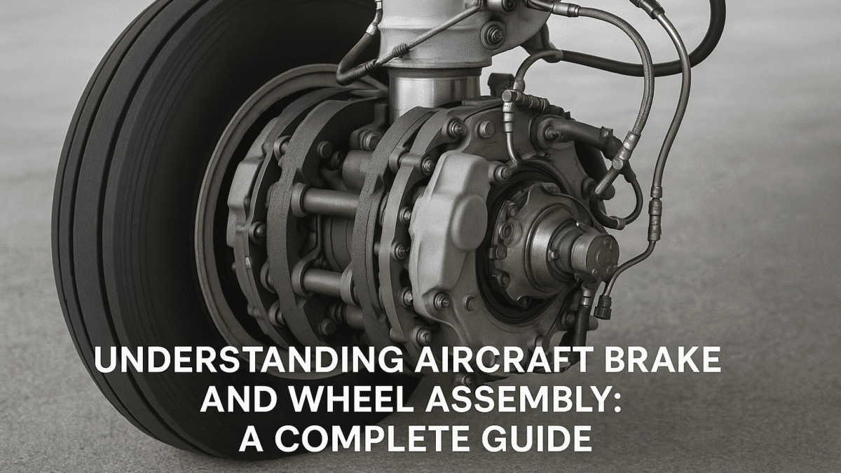 Professional feature image for aviation blog showing detailed aircraft brake and wheel assembly with modern carbon brake discs, hydraulic brake lines, and anti-skid sensors. Commercial aircraft landing gear with visible brake components, professional aviation photography style. Include subtle overlay text space for "Understanding Aircraft Brake and Wheel Assembly: A Complete Guide". Clean, technical, and authoritative design suitable for Safe Fly Aviation website header.