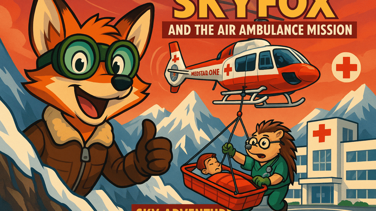 image for "SkyFox and the Air Ambulance Mission" showing SkyFox the orange fox aviator with green goggles and Dr. Hedgehog conducting dramatic mountain rescue with MedStar One air ambulance. Include rescue basket operation above snowy peaks, medical cross symbols, and hospital landing scene. Medical rescue theme with professional red and white colors.
