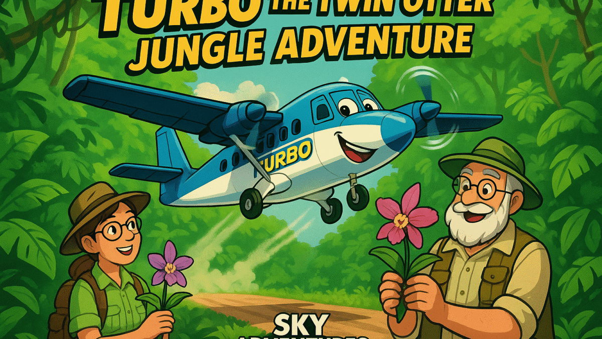 "Turbo the Twin Otter Jungle Adventure" showing Turbo the cheerful blue and white Twin Otter aircraft performing dramatic STOL takeoff from tiny jungle airstrip surrounded by lush Amazon rainforest. Include Dr. Greenleaf botanist and Professor Leafwhisper with rare orchid specimens. Bright green jungle theme with adventure atmosphere.