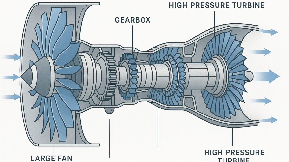 Latest trends in aircraft jet engine technology: GTF, SAF, hydrogen, digital twins & hybrid propulsion shaping sustainable aviation.