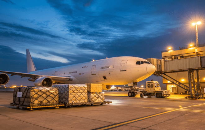 Professional cargo aircraft (Boeing 767F or 757F) loading freight pallets at airport terminal during twilight with deep blue sky - Safe Fly Aviation air cargo charter services