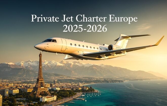 Luxury private jet flying over European landmarks - Private jet charter costs Europe 2025-2026