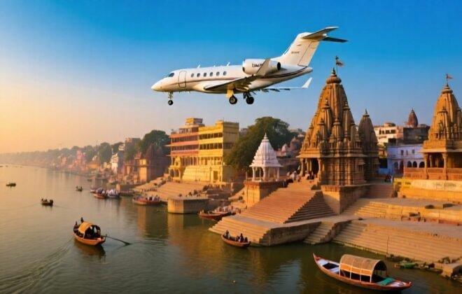 Luxury private business jet flying over Varanasi temples and Ganges river ghats at golden hour - Safe Fly Aviation charter from Delhi to spiritual India destinations