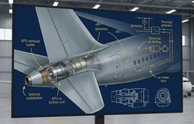 Modern aircraft auxiliary power unit APU cutaway technical illustration showing gas turbine internals with engineering blueprints representing evolution from early innovations to modern essentials in commercial airliners and business jets aviation technology