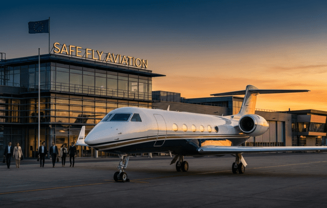 Luxury private jet at European airport terminal - Top 10 airports for private jet travel in Western Europe by Safe Fly Aviation