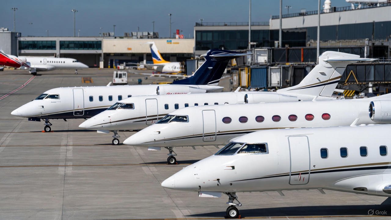 Private jet on a quiet international apron at dusk, ready for departure