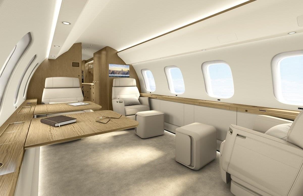 Luxurious executive cabin interior of a private jet in Japan featuring premium leather seating, modern amenities, and elegant design for business aviation