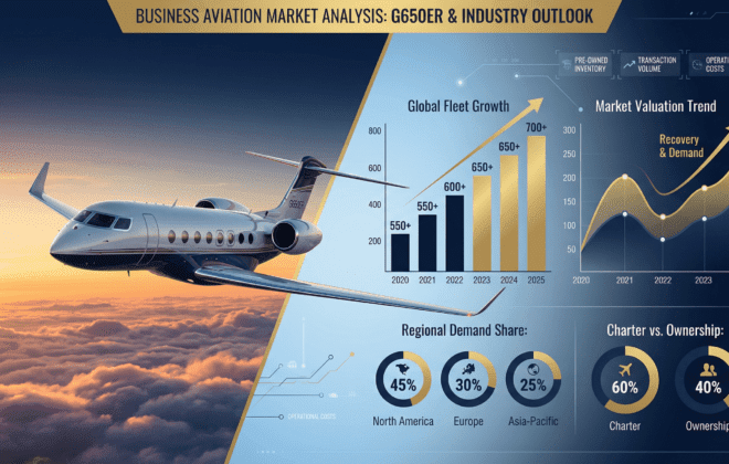 Gulfstream G650ER business jet in flight on the left side, sleek silver and navy blue livery, flying above clouds at sunset with golden light.