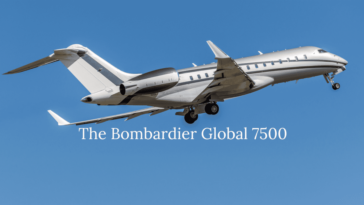 Bombardier Global 7500 private jet in flight, showcasing its sleek design and luxurious features.