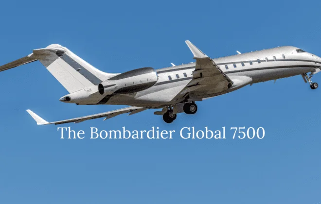 Bombardier Global 7500 private jet in flight, showcasing its sleek design and luxurious features.