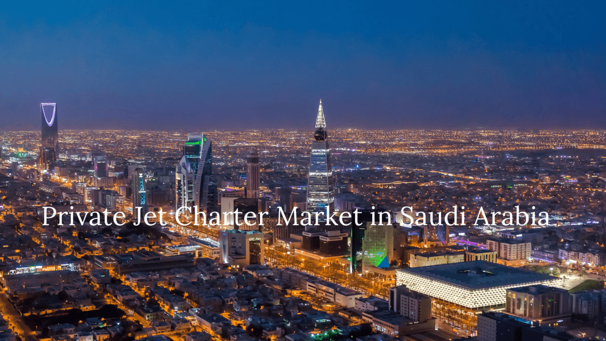 Private jet soaring over Saudi Arabian desert, highlighting luxury travel options and the growth of the private jet charter market in Saudi Arabia.