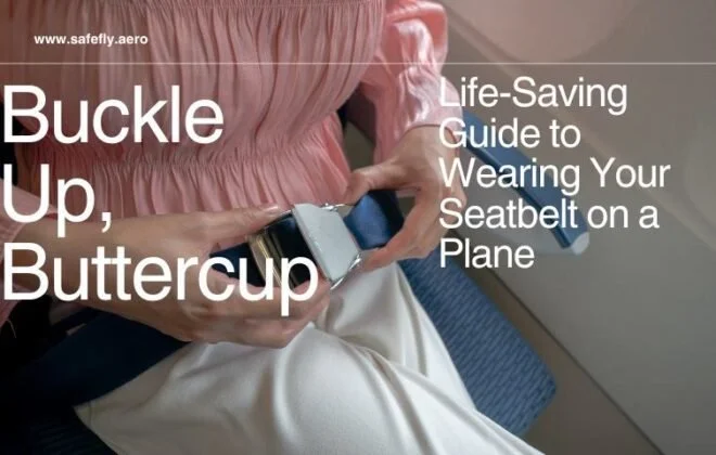 Image of a passenger on an airplane wearing a seatbelt securely fastened.