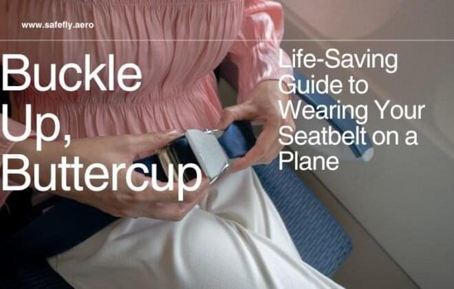 Image of a passenger on an airplane wearing a seatbelt securely fastened.
