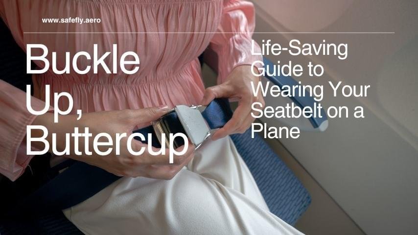 Image of a passenger on an airplane wearing a seatbelt securely fastened.
