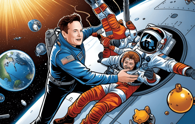 historical moment of SpaceX saving NASA astronauts.” While not viewed directly, the context suggests it relates to the mission, potentially showing the launch or docking, but likely not Musk personally, given real events