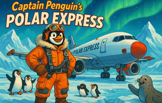 Captain Penguin's Polar Express" featuring Captain Penguin in arctic flight gear standing heroically next to his heavy jet aircraft equipped with specialized polar aviation systems. Show dramatic arctic landscape with ice-covered mountains, aurora borealis dancing in the sky, and the aircraft displaying visible de-icing systems and cold weather modifications. Include polar wildlife like penguins and arctic seals celebrating the successful polar mission