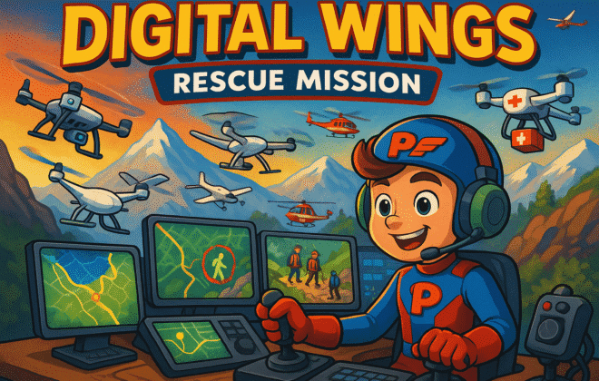 Digital Wings Rescue Mission" featuring Captain Pixel surrounded by multiple types of advanced drones including quadcopters, fixed-wing UAVs, and rescue drones. Show a dramatic mountain rescue scene with thermal imaging displays, GPS tracking systems, and emergency response coordination. Captain Pixel should be operating advanced flight control systems with multiple screens showing drone camera feeds and telemetry data. Include search and rescue helicopters, ground teams, and missing hikers being located by the drone technology. The scene should emphasize cutting-edge aviation technology, professional emergency operations,