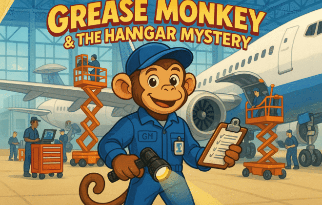 Grease Monkey & the Hangar Mystery" featuring Grease Monkey as an actual cartoon monkey character wearing professional aviation maintenance coveralls and cap, holding inspection tools like a flashlight and checklist. The monkey should look intelligent, skilled, and friendly while standing heroically in front of a modern aircraft hangar with planes being serviced. Include maintenance equipment like tool carts, hydraulic lifts, and diagnostic computers